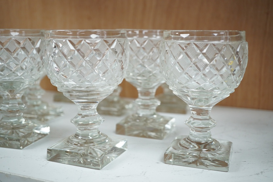 A set of twelve Voneche glass square based wine glasses, 12cm high. Condition - some small chips